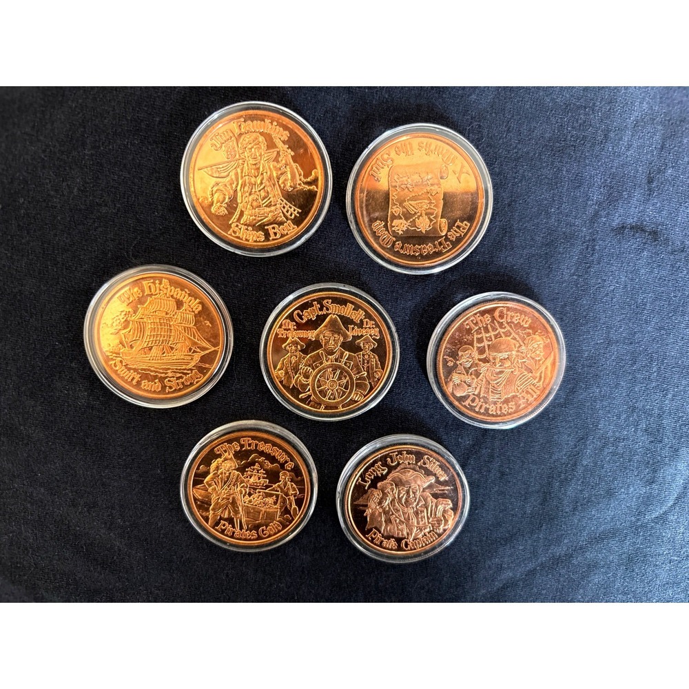 7pc Treasure Island .999 Fine Copper Rounds Complete Set BU Oz Pirate Coin Cases